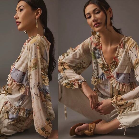 Anthropologie Tiny Ruffled Babydoll V-Neck Tunic Blouse Boho Patchwork Print XS - Picture 1 of 8